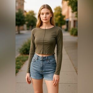 ZARA Olive Long Sleeve Crop Top Size M Trendy Edgy Chic
